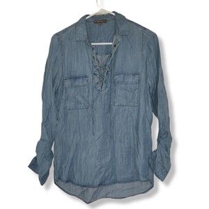 BE COOL Small Denim Lace-Up Neck Collar Top Tunic Blouse Fitted Strap Sleeve